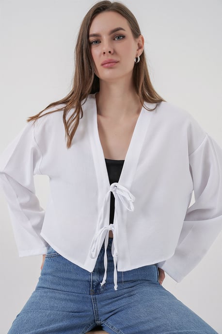 Viscose Blend V-Hals Lange Mouw Kimono met Binding Detail - Image 1