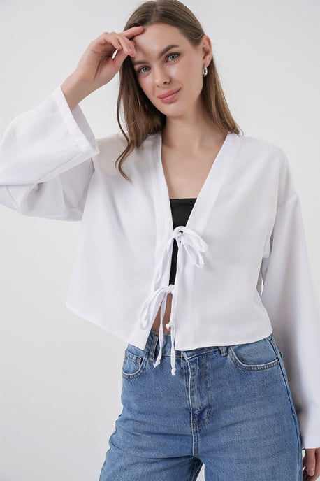 Viscose Blend V-Hals Lange Mouw Kimono met Binding Detail - Image 2