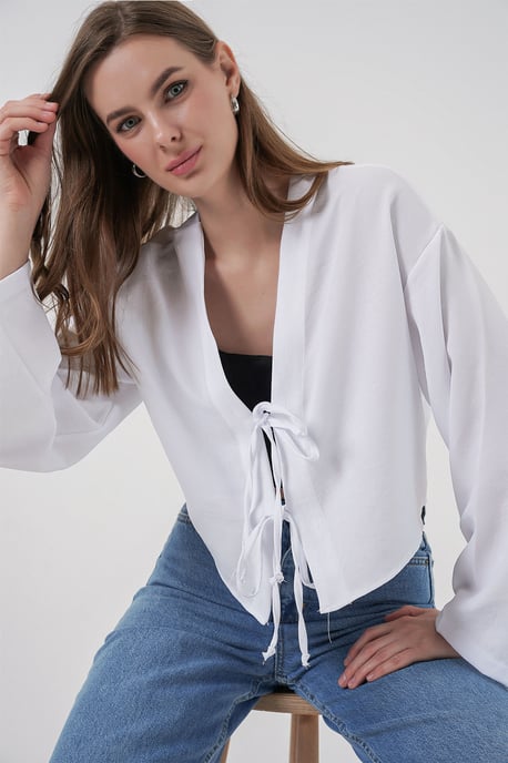 Viscose Blend V-Hals Lange Mouw Kimono met Binding Detail - Image 4