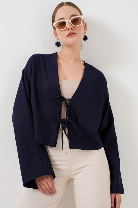 Viscose Mix V-hals Lange Mouwen Kimono met Binding Detail - Image 1
