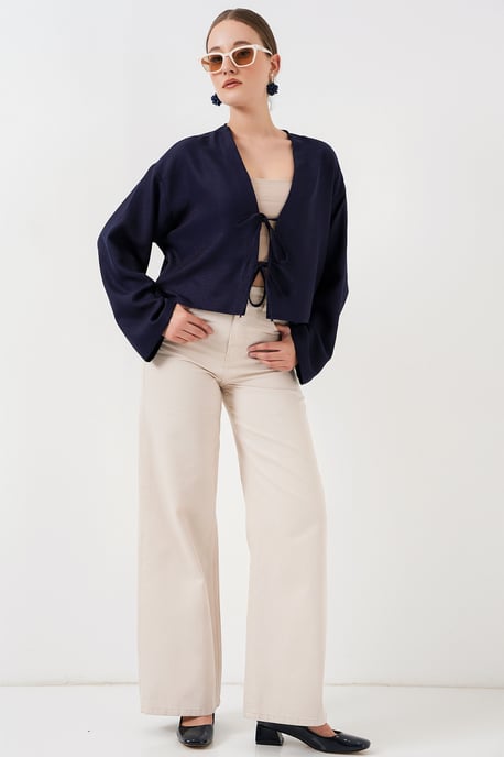 Viscose Mix V-hals Lange Mouwen Kimono met Binding Detail - Image 2