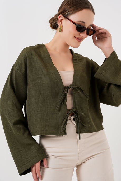 Viscose Blend V-Hals Lange Mouw Kimono met Binding Detail - Image 1