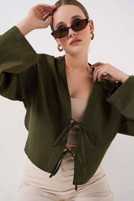 Viscose Blend V-Hals Lange Mouw Kimono met Binding Detail - Image 3