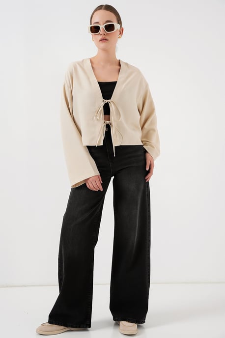 Viscose Blend V-Hals Langere Mouwen Kimono met Binding Detail - Image 2