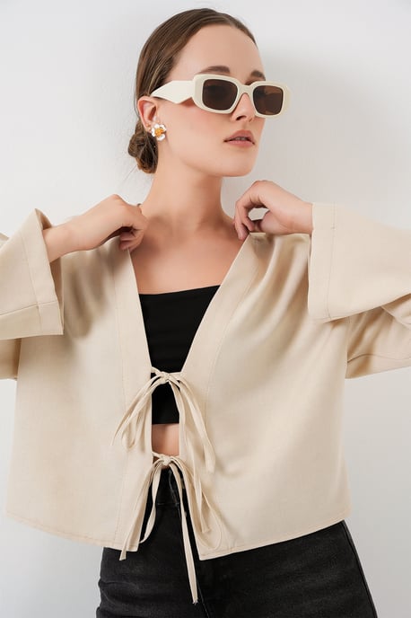 Viscose Blend V-Hals Langere Mouwen Kimono met Binding Detail - Image 3