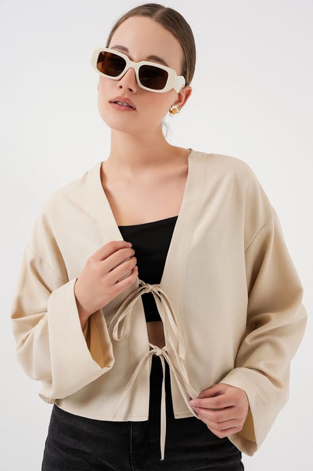 Viscose Blend V-Hals Langere Mouwen Kimono met Binding Detail - Image 4