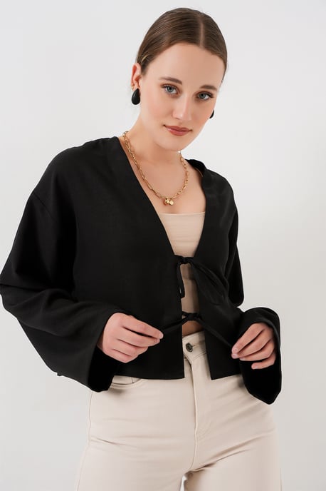 Viscose Blend V-Hals Lange Mouw Kimono met Binding Detail - Image 3