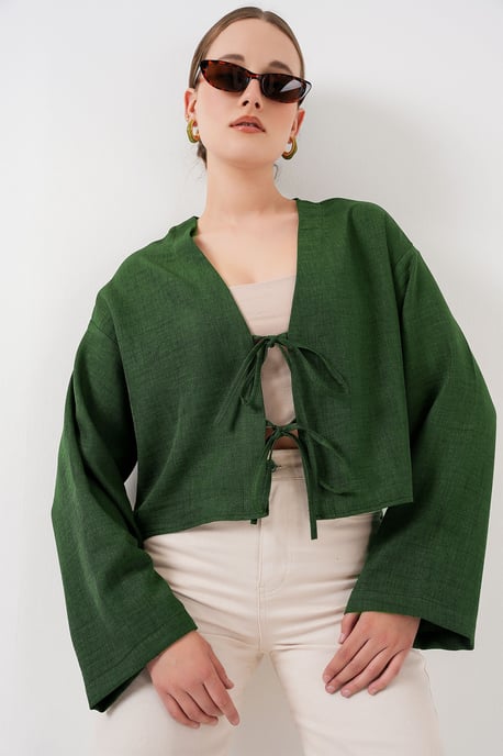 Viscose Blend V-Hals Lange Mouw Kimono met Binding Detail - Image 1