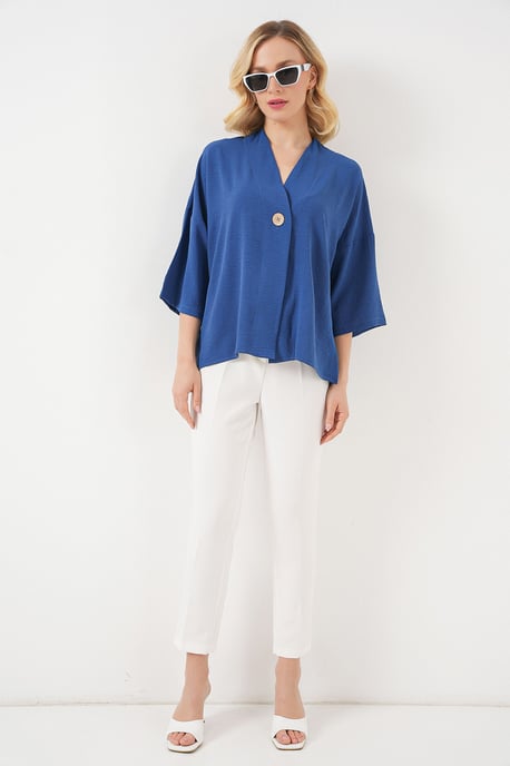 V-hals Driekwart Mouw Kimono met Knop - Image 2