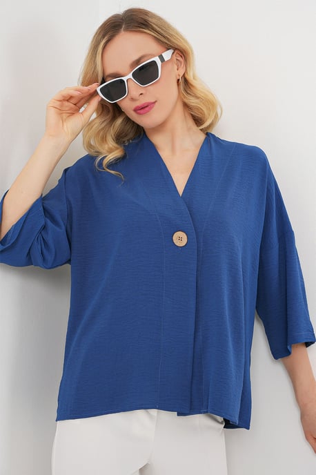 V-hals Driekwart Mouw Kimono met Knop - Image 4