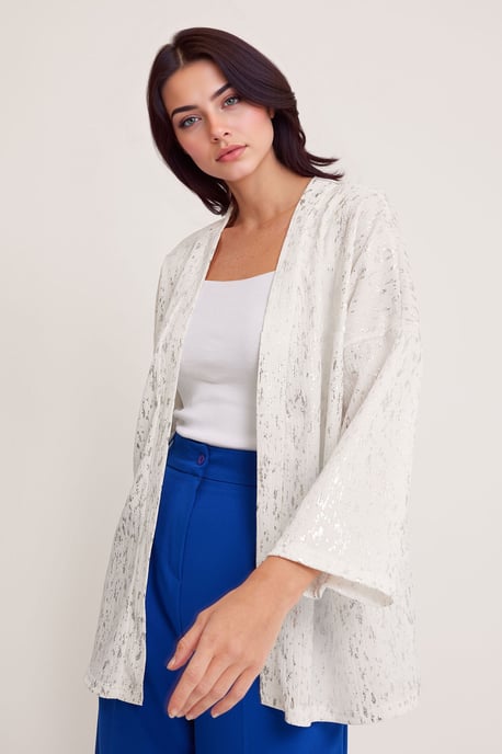 Geprinte Pompom Trim Schouderkraag Kimono - Image 2