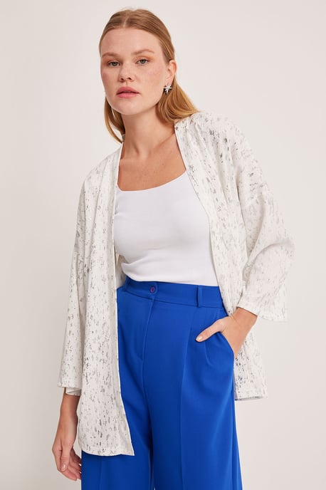 Geprinte Pompom Trim Schouderkraag Kimono - Image 4