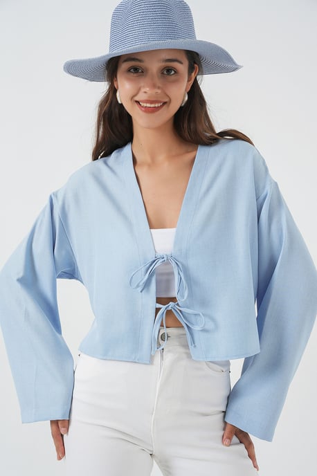 Viscose Blend V-Hals Lange Mouw Kimono met Binding Detail - Image 4