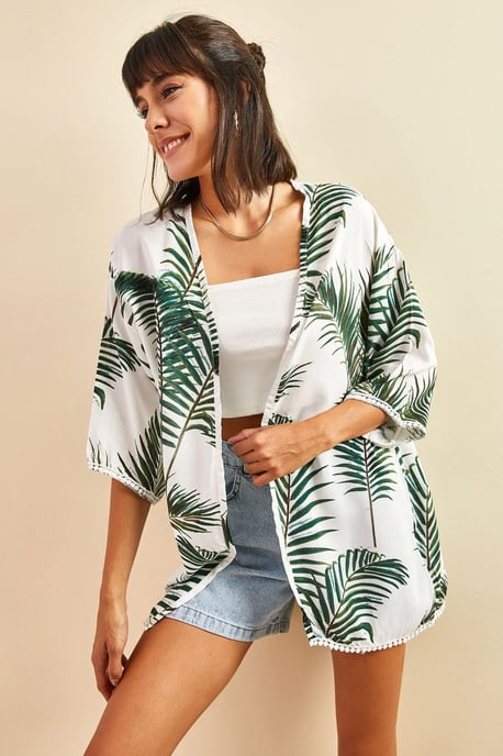 Tropisch Patroon Lange Satijnen Kimono - Image 3