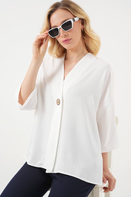 V-hals Kimono met Driekwart Mouwen en Knopen - Image 3