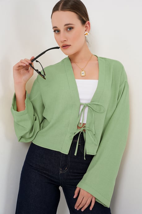 Viscose Blend V-Hals Lange Mouw Kimono met Binding Detail - Image 1