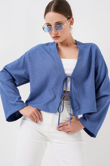 Viskosemix V-hals Lange Mouw Kimono met Afwerkingsdetail - Image 1