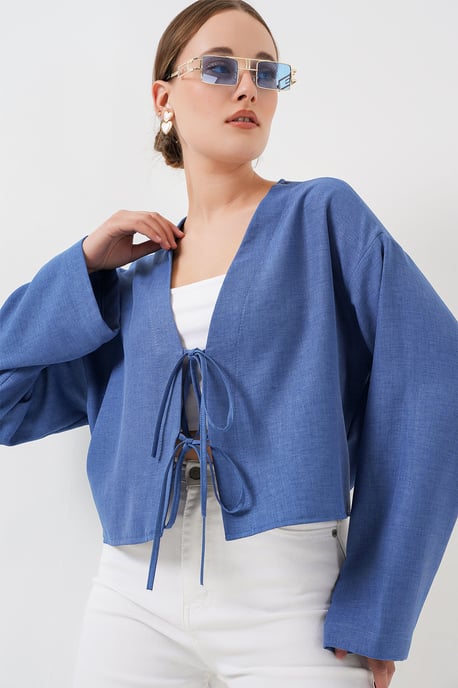 Viskosemix V-hals Lange Mouw Kimono met Afwerkingsdetail - Image 2