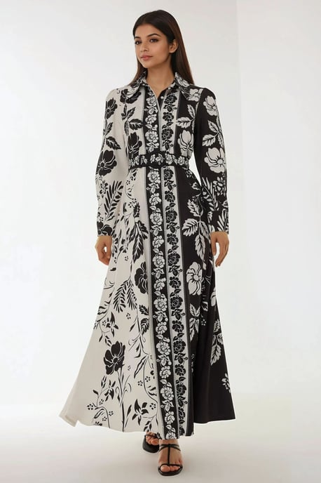 Printed Long Sleeve Maxi Dress with Belt - Image 1