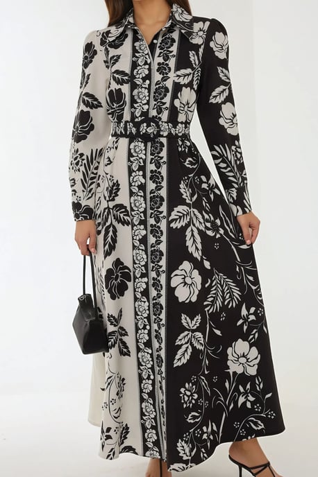 Printed Long Sleeve Maxi Dress with Belt - Image 4
