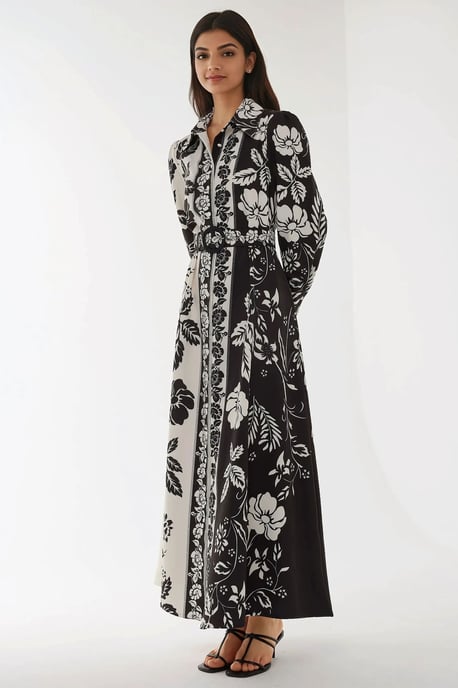 Printed Long Sleeve Maxi Dress with Belt - Image 6