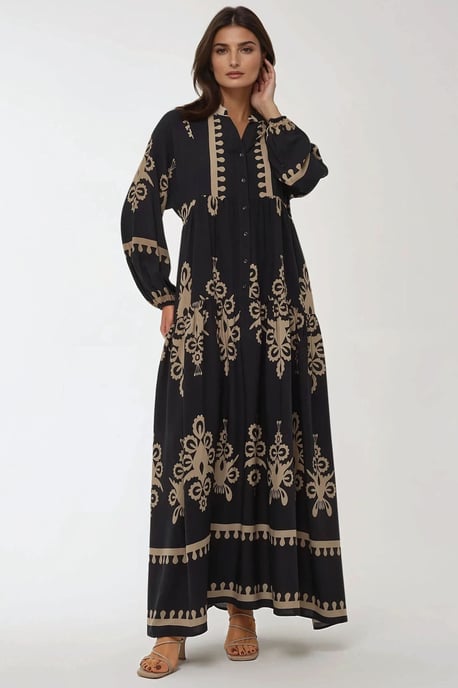 Geprinte Lange Mouw Viscose Maxi Jurk - Image 1