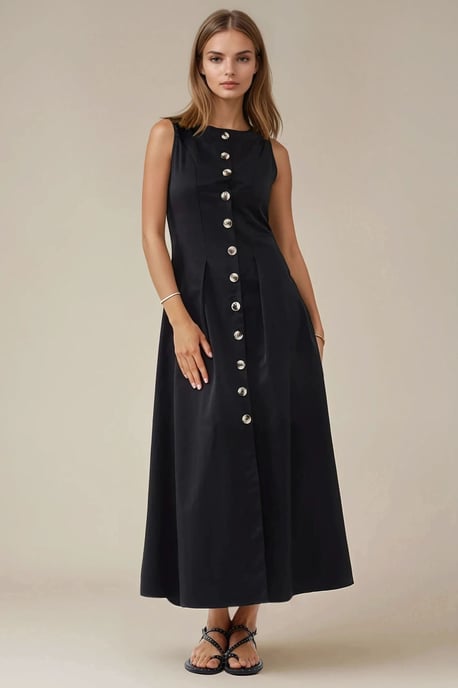 Mouwloze A-lijn Maxijurk met Knopdetails - Image 1