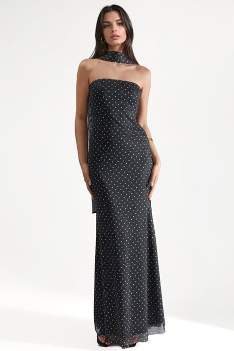 Polkadot Strapless Maxi Jurk met Sjaal Detail - Image 1