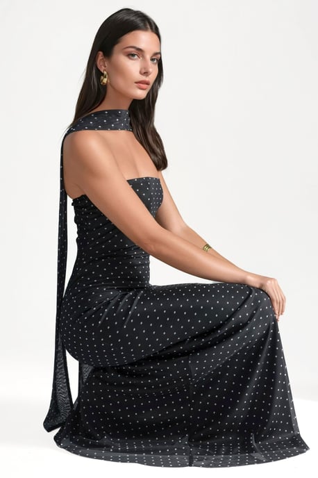 Polkadot Strapless Maxi Jurk met Sjaal Detail - Image 4