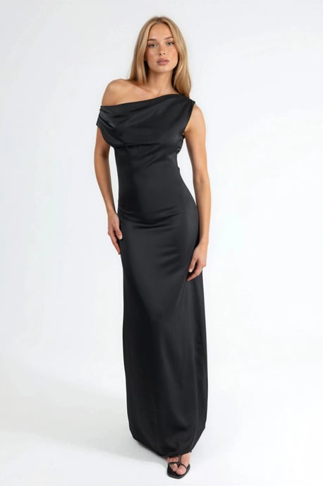 Asymmetrische Kraag Bodycon Satijnen Maxi Jurk - Image 6