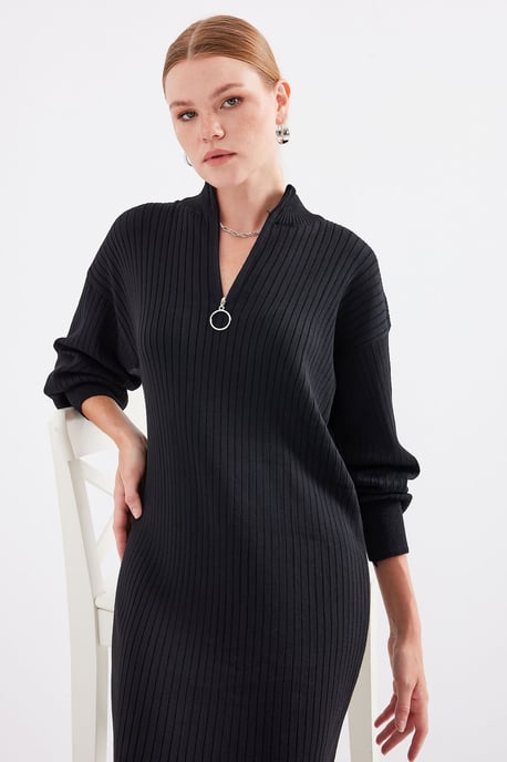 Geweven Tricot Jurk met Halve Col en Rits - Image 2