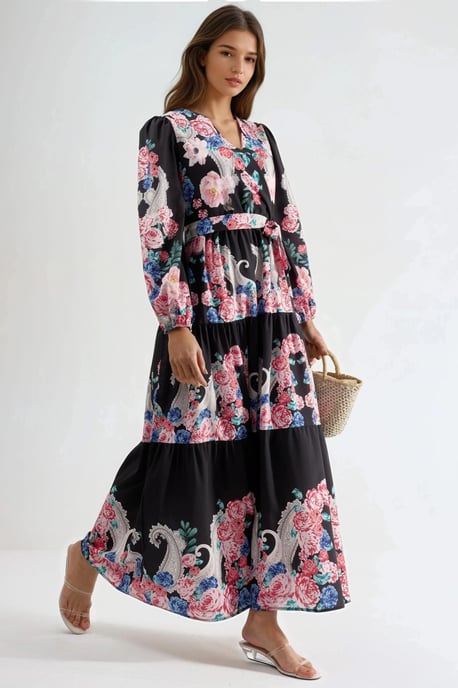 Bloemen V-hals Maxi Jurk met Strik Detail - Image 1