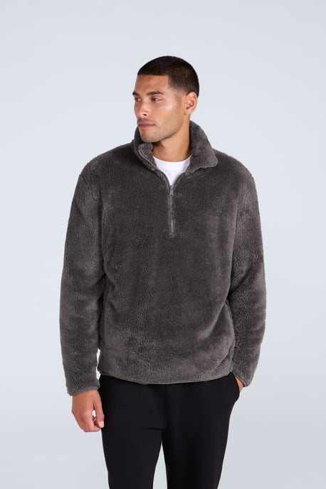 Men's Fleece Teddy Sweater with Pockets Half Zip Warm Cosy Casual Jacket Khaki - Image 1
