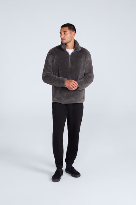 Men's Fleece Teddy Sweater with Pockets Half Zip Warm Cosy Casual Jacket Khaki - Image 2