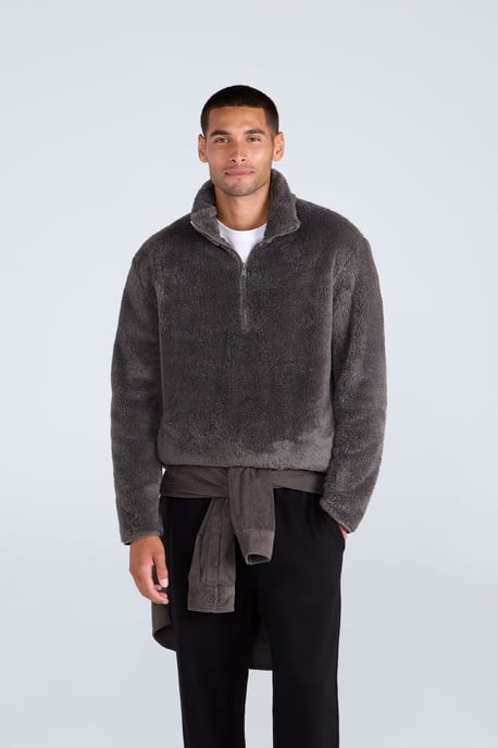 Men's Fleece Teddy Sweater with Pockets Half Zip Warm Cosy Casual Jacket Khaki - Image 3