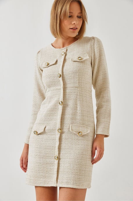 Geknoopte Pocket Tweed Mini Jurk met Ronddecolleté - Image 1