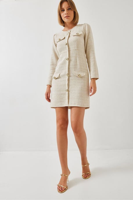 Geknoopte Pocket Tweed Mini Jurk met Ronddecolleté - Image 4