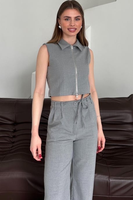 Mouwloze Vest met Rits & Wijde Pantalon Twee-Delige Set - Image 2