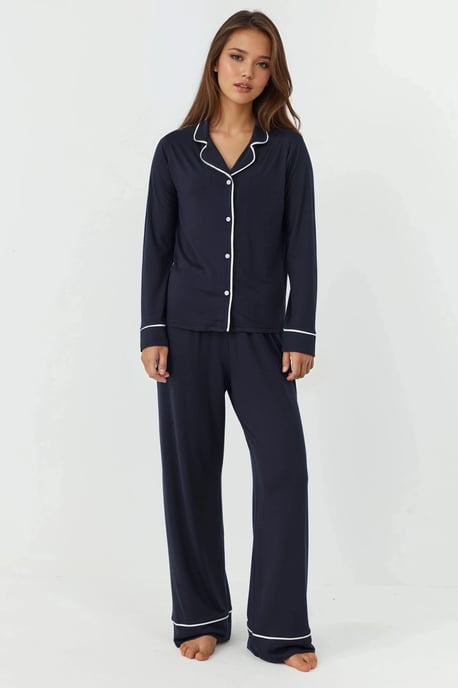 Relaxed Fit Long Sleeve Extra Soft Touch Pajama Set with Shirt Collar - Image 1