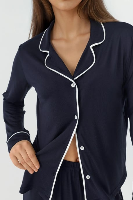 Avslappnad passform långärmad pyjamas set med extra mjuk känsla och skjortkrage - Image 3