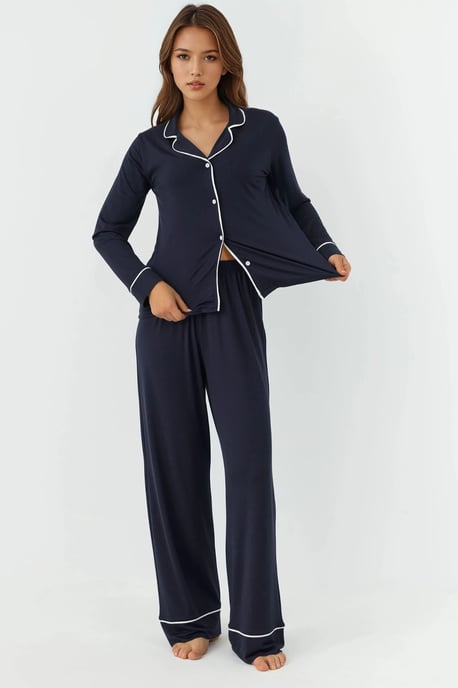 Avslappnad passform långärmad pyjamas set med extra mjuk känsla och skjortkrage - Image 6