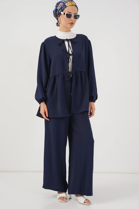 Ronde Hals Lange Tuniek en Wijde Pantalon Set - Image 1