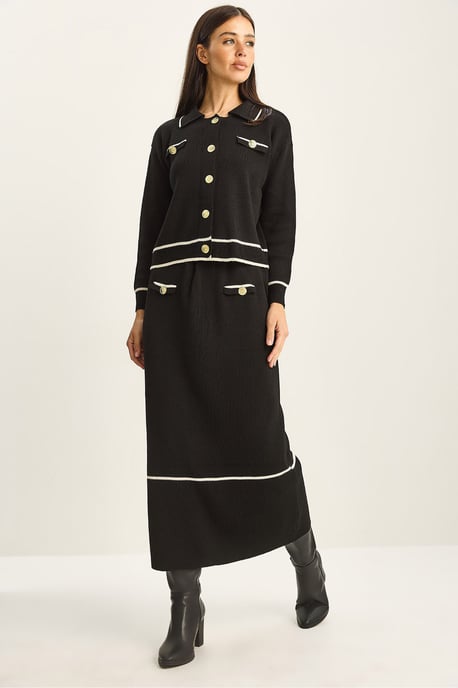 Geribbelde Brei Midi Tweedelige Set met Knoopsluiting - Image 1