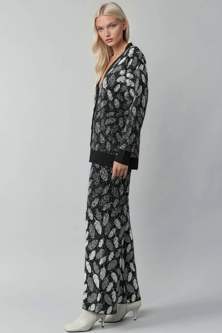 V-hals Jacquard Brei Cardigan en Brede Pantalon Set - Image 2