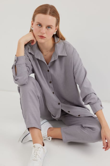 Linen Blend Long Sleeve Shirt and Pants Co-ord Set - Image 1