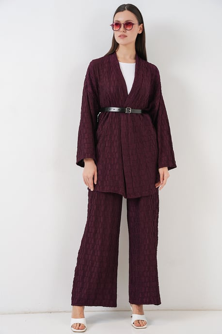 Textured Shawl Collar Kimono Pants Set - Image 1
