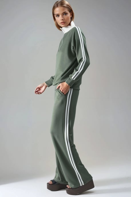 Modal Touch Wide Leg Striped Two-Piece Coord Set with Zipper Collar - Image 2