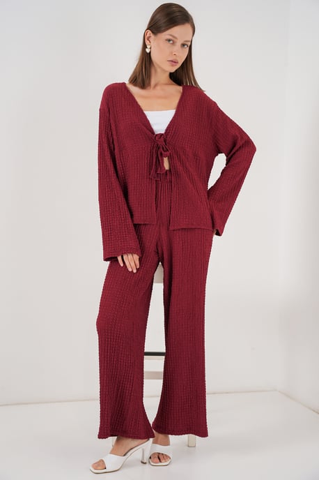 Textuur V-hals Langsluiting Top & Flared Broek Twee-Delige Set - Image 1