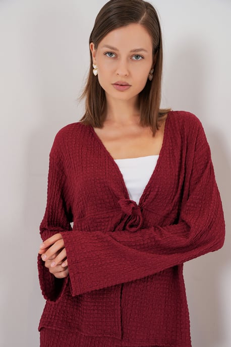 Textuur V-hals Langsluiting Top & Flared Broek Twee-Delige Set - Image 2