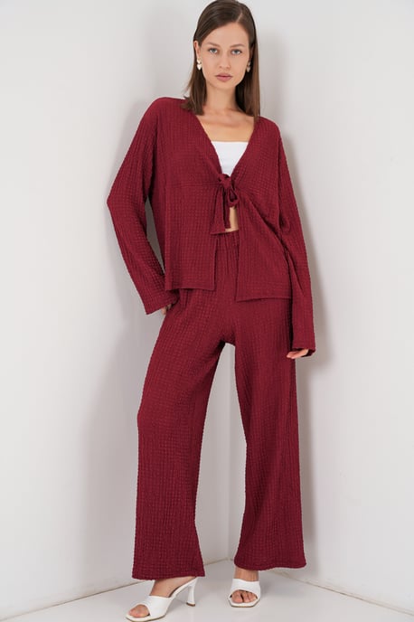 Textuur V-hals Langsluiting Top & Flared Broek Twee-Delige Set - Image 3